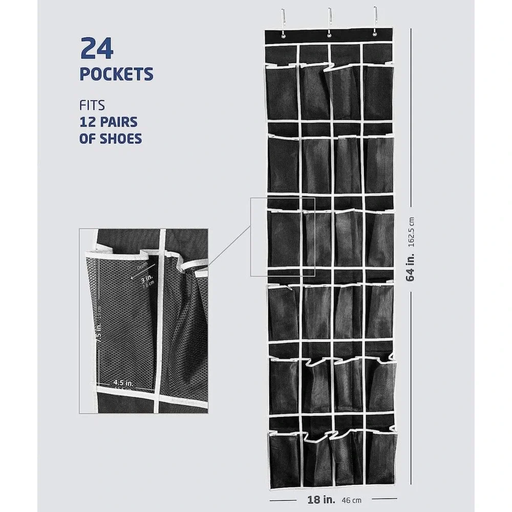 Zober‎ 24 Pocket Over The Door Shoe Organizer Black Mesh Hanging Storage New